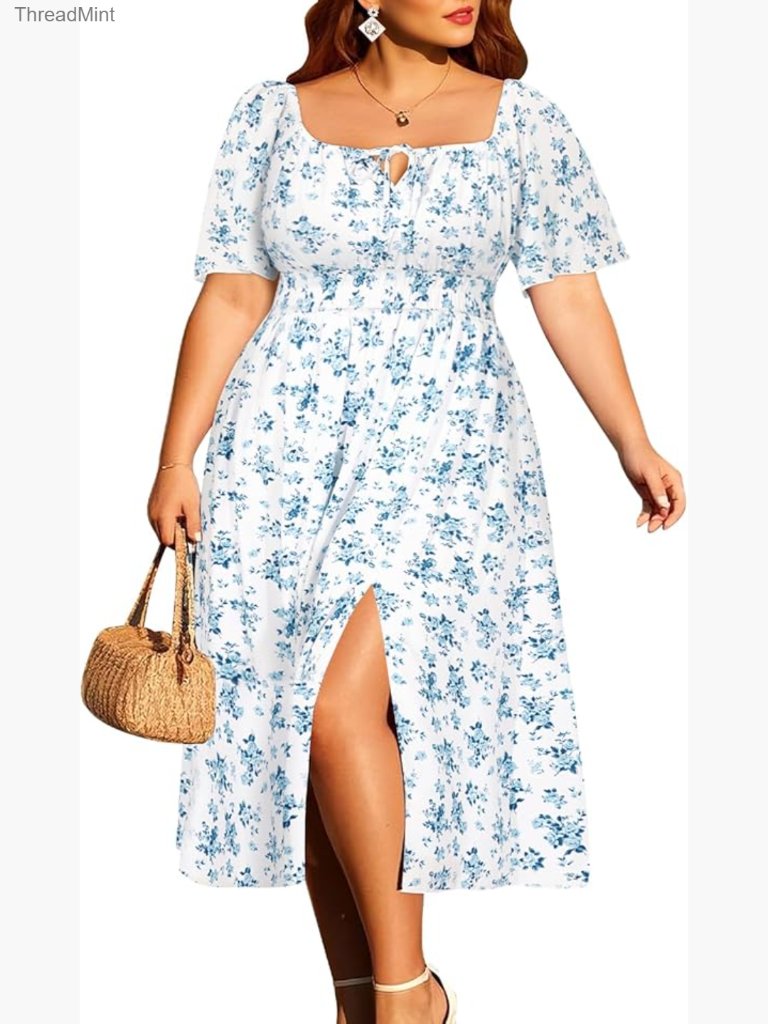Plus Size Summer Midi Dress Boho Floral Square Neck Puff Sleeve